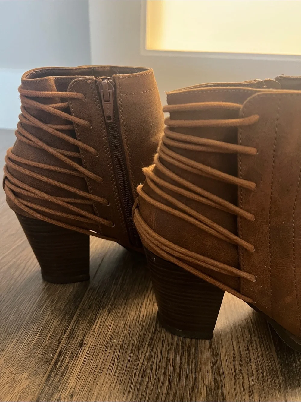 Candie's Brown Lace-Wrap Ankle Booties with Stacked Heel
